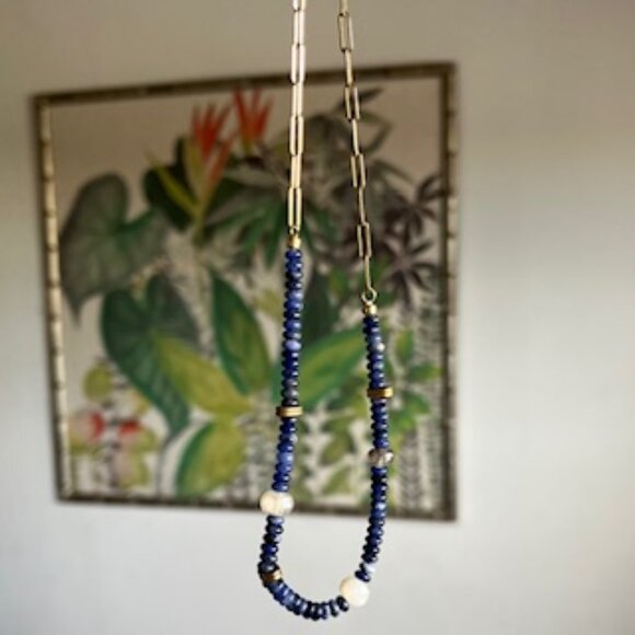 🧡 3/15 Anthropologie Serefina Gold Ring Blue Beaded Necklace - Picture 1 of 11